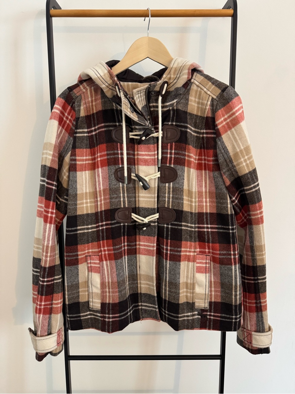 Vintage Abercrombie & Fitch Women’s Hooded Plaid Jacket in Red, Brown, Cream